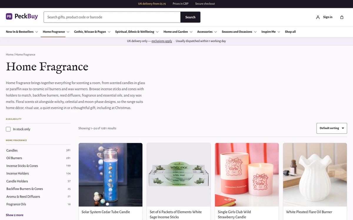 A PeckBuy category page: Home Fragrance, with filters and a product grid