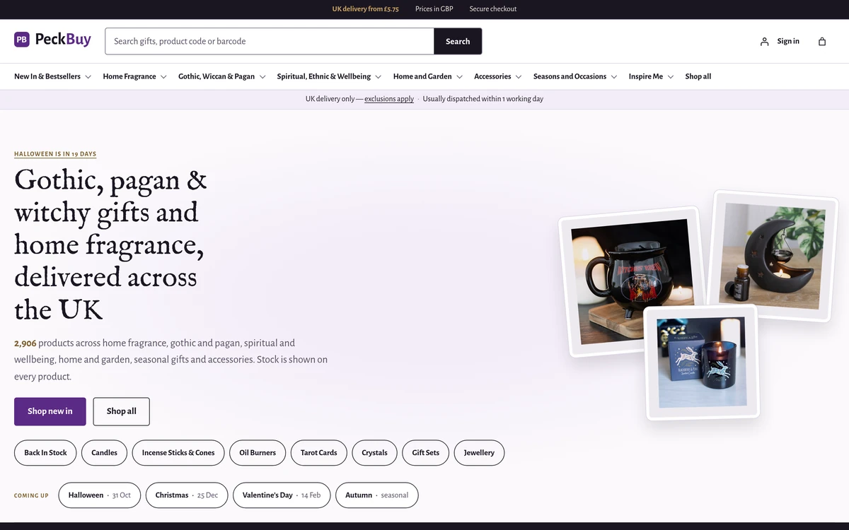 The PeckBuy homepage on desktop: gothic, pagan and witchy gifts and home fragrance, delivered across the UK