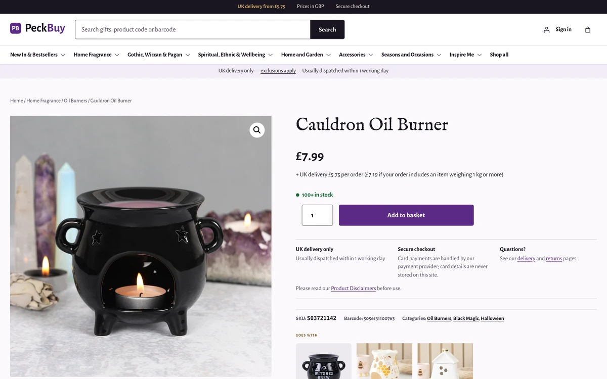 A PeckBuy product page: a cauldron oil burner with price, stock and delivery details